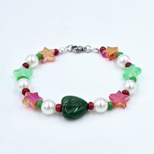 Handmade Christmas Beaded Bracelet Heart Holographic Stars Pearls Seed Beads